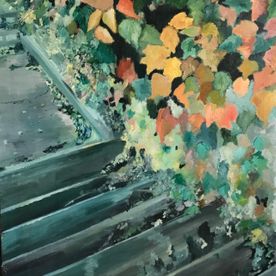Escalera y hojas, óleo/lienzo, (80x100)