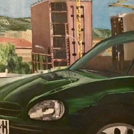 Coche y edificio, óleo/lienzo, (80x100)