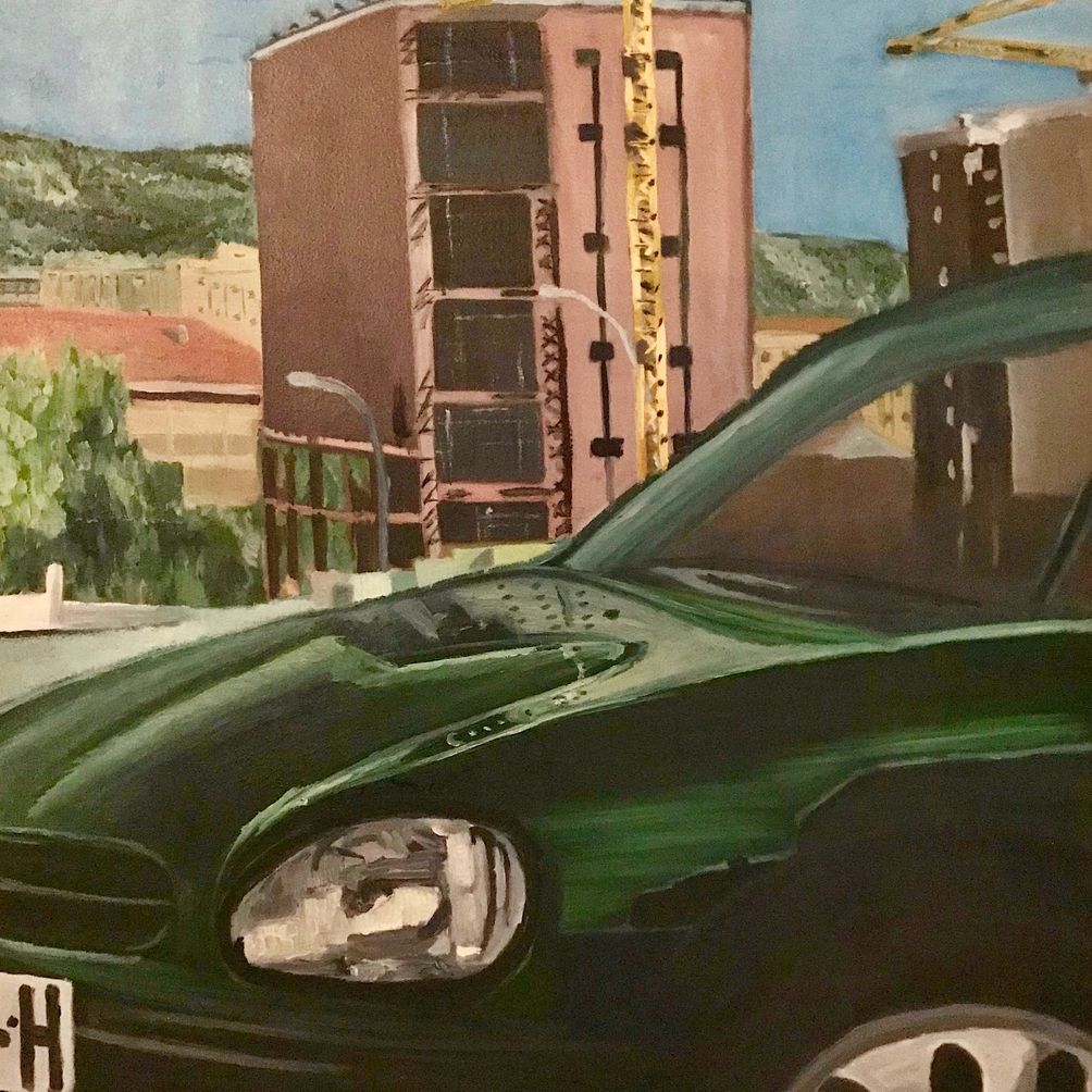 Coche y edificio, óleo/lienzo, (80x100)