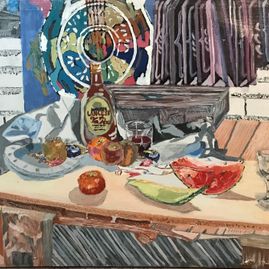 Bodegón Botella de Lancers con frutas copa de vino, MAHON acrílico/lienzo con gesso (70x100)