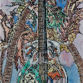 Bodegón, Guitarra y cocoteros, acuarela, tinta china, acrílico y esmalte blanco sobre sábana, (88x158)