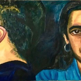 Cova de lado y Gabi de frente, óleo/tablero, (75x155)