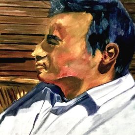Jorge tomando el sol en la terraza, (El eterno entrevistado), óleo/lienzo, (65x154)