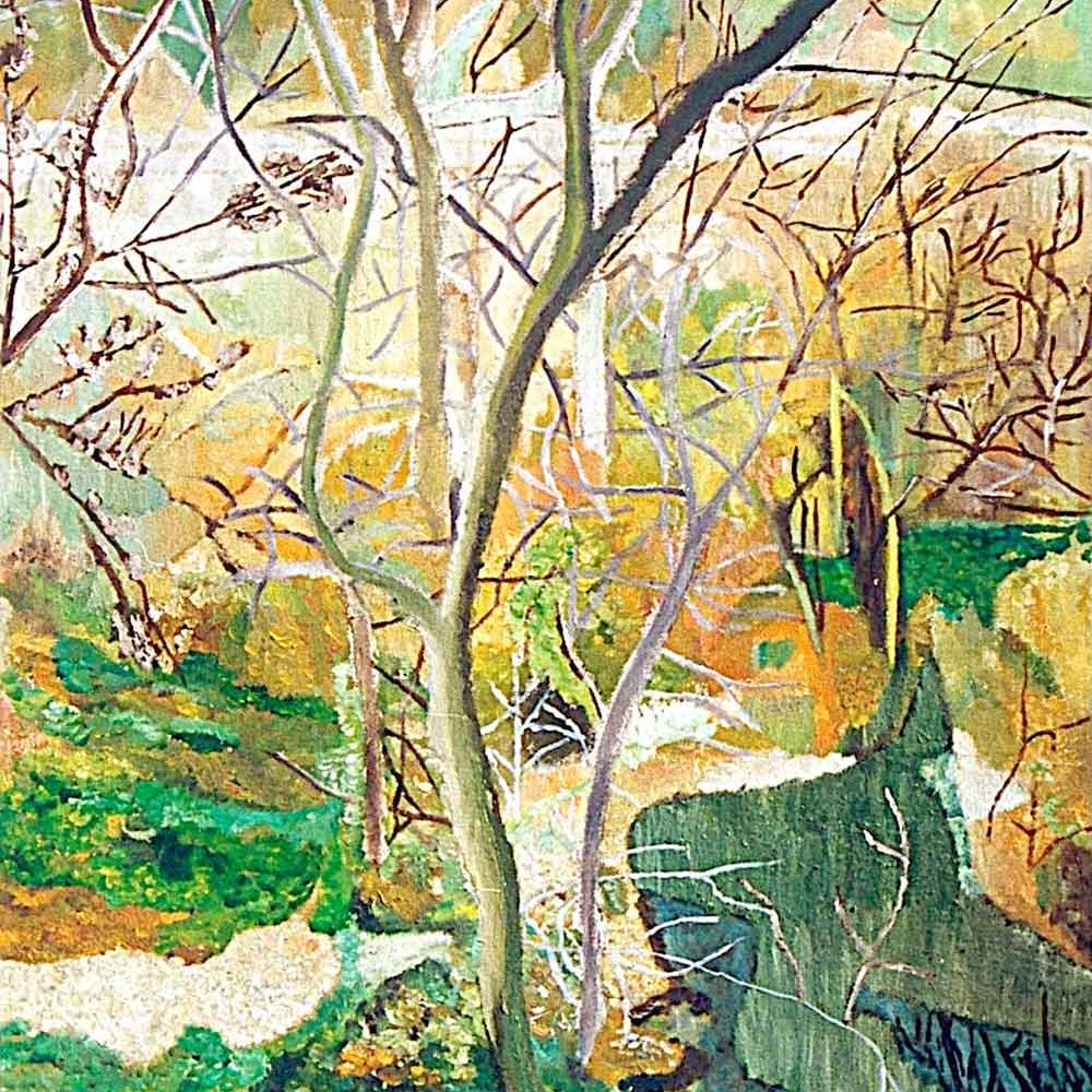 Paisaje con árboles verdes, óleo/lienzo, (100x190)