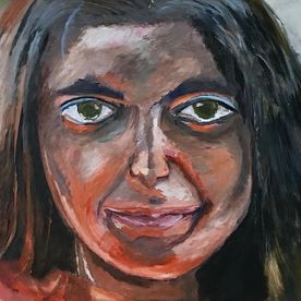 La chica de la raya azul de ojos (Cova en rojo ), óleo/tablero, (90x200)