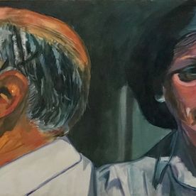 Victorian Agustín de lado y Ana Mari de frente (Mis Padres), óleo/lienzo, (65x154)
